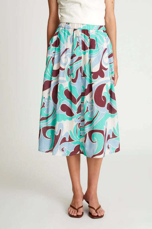 Falda midi – estampado turquesa y marrón