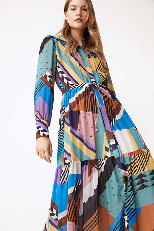 Vestido camisero largo – estampado gráfico verde agua
