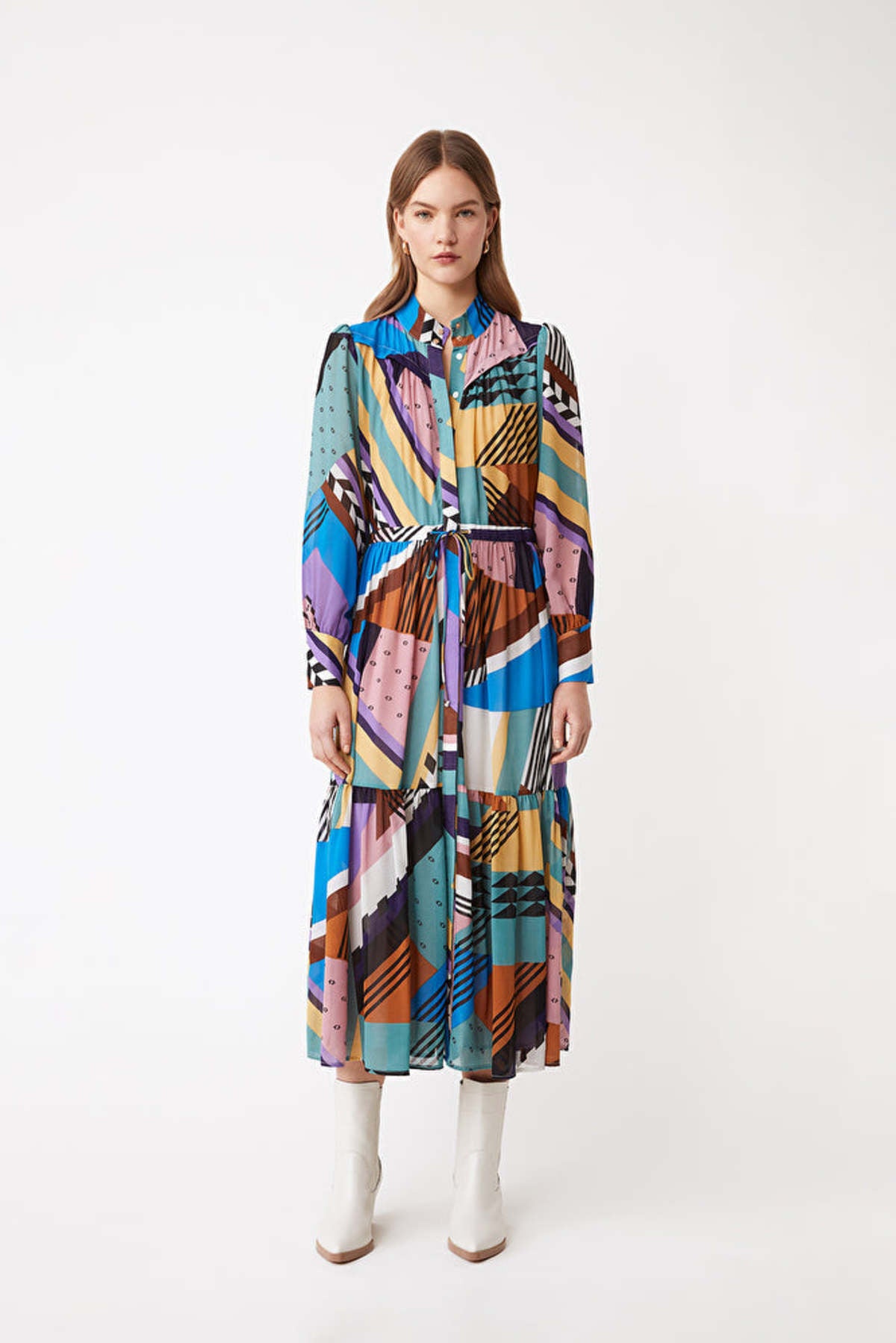 Vestido camisero largo – estampado gráfico verde agua