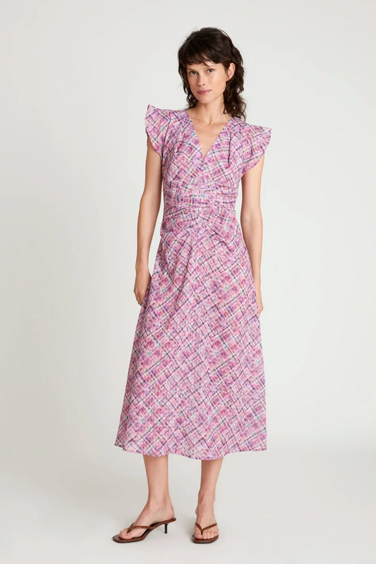 Vestido midi de cuadros en tono rosa