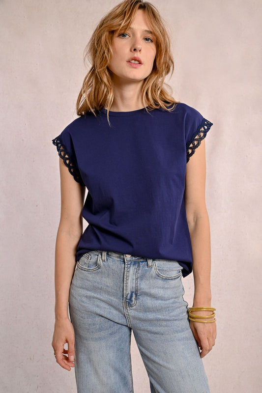 Camiseta bordada – manga corta, azul marino